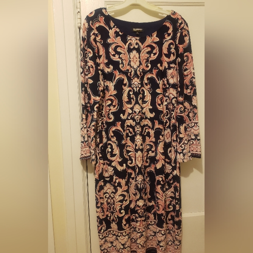 Navy, white and pink patterned dress with bell sleeves size 14
